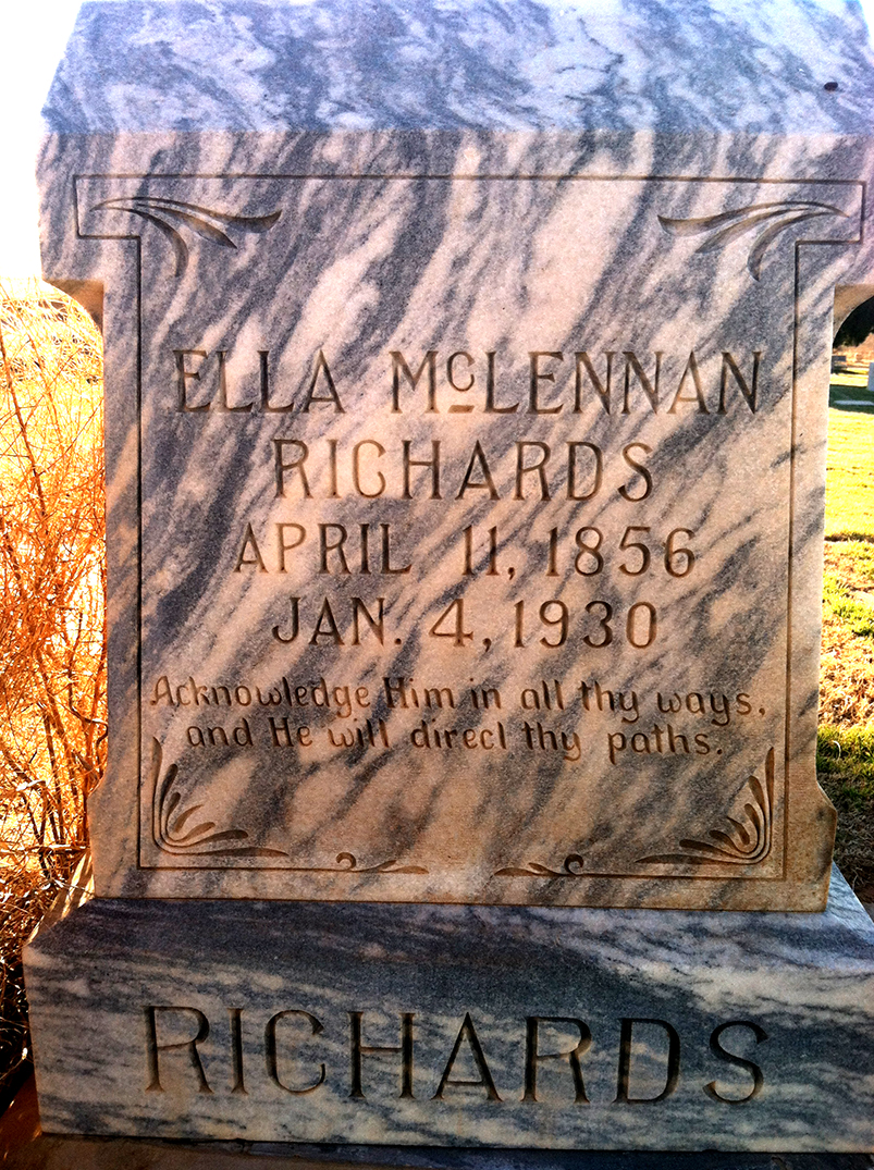 Photo of headstones/Ella McLennan Richards 1856-1930 hdstn Stanton Evergreen Cem TX